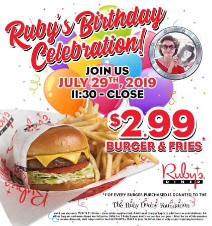 Ruby’s Diner Celebrates Ruby Cavanaugh’s Birthday with a $2.99 Burger and Fries Special on July 29th